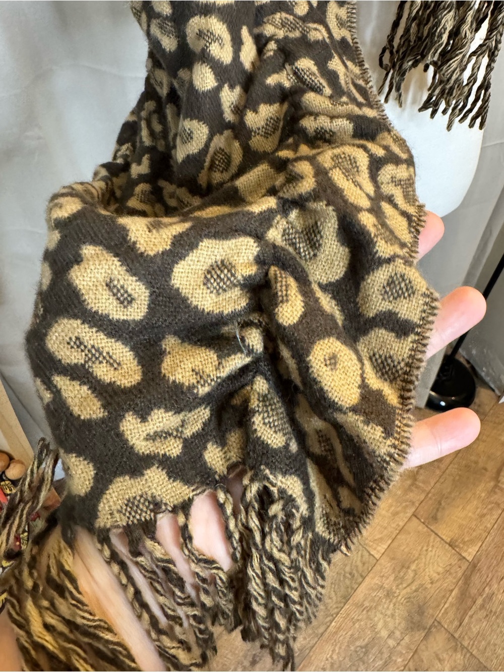 Leopard Print Fringe Knit Scarf in Black and Tan - Picture 8 of 12